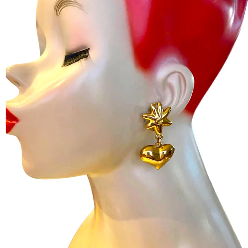Vintagechristian Lacroix Heart And Sun Gold Dangle Clip On Earrings From 90’s
